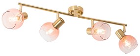 Candeeiro de teto Art Deco dourado com vidro rosa 4 luzes - Vidro Art Deco