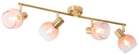 Ponto art déco dourado com vidro rosa 4-light - Vidro Art Deco