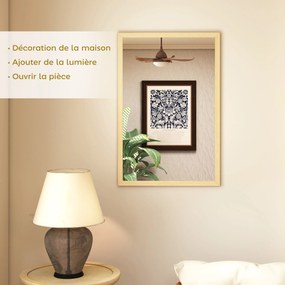 Espelho de parede retangular de 60 x 40 cm, com moldura em madeira natural, ideal para a casa de banho, sala de estar ou quarto