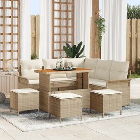 Conjunto de Sofá de Jardim vidaXL 9 Peças com Almofadas Bege Polirattan Acácia