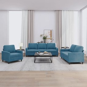 3 pcs conjunto de sofás com almofadões veludo azul