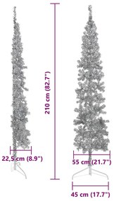 Meia árvore de Natal fina com suporte 210 cm prateado