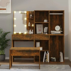 vidaXL Conjunto toucador com LEDs madeira processada carvalho fumado
