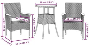 3 pcs conjunto jantar jardim c/ almofadões vime PE/vidro cinza