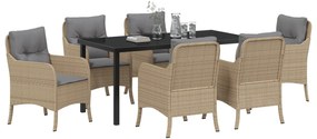 Conjunto de Jantar Jardim 7 Peças com Almofadas Bege Vime Poliéster
