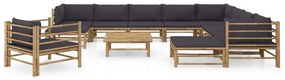 12 pcs conj. lounge jardim em bambu c/ almofadões cinza-escuro