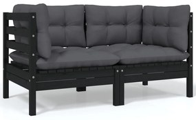 vidaXL Sofá de jardim 2 lugares com almofadões pinho maciço preto