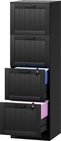 Bloco gavetas de escritório 40 x 40 x 131 cm, móvel de arrumação em madeira com 4 gavetas e fechadura, varas de suspensão ajustáveis, preto