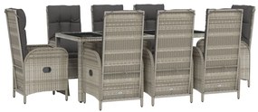 9 pcs conjunto de jantar p/ jardim c/ almofadões vime PE cinza