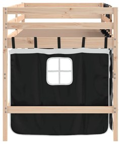 Cama alta criança c/ cortina 80x200cm pinho maciço branco/preto