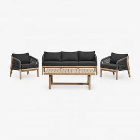 Conjunto De Jardim Com Sofá De 3 Lugares, 2 Poltronas E Mesa De Centro Em Madeira De Acácia Dubai Cinza Grafito & Castanho Acácia Rústico - Sklum