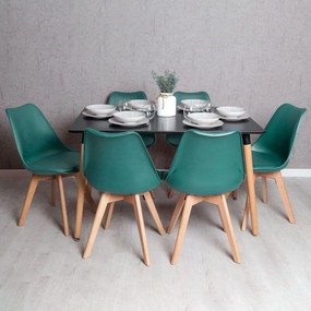 Conjunto Mesa Retangular 120 x 80 cm Preta e 6 Cadeiras Nórdicas Synk - Verde-azulado