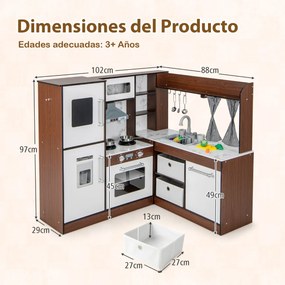 Cozinha de brincar de canto em madeira para crianças com luzes e sons, sistema de circulação de água, cortinas enroláveis e acessórios Castanho