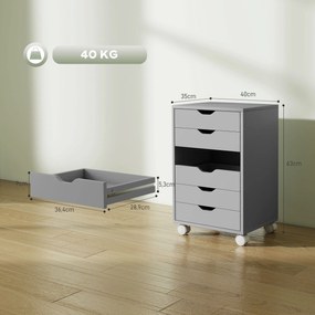 Bloco de Gavetas Móvel Arquivador com 6 Gavetas Suporte para Impressora com Rodas 40x35x63 cm Cinzento
