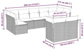9 pcs conj. sofás jardim com almofadões vime PE cinzento-claro