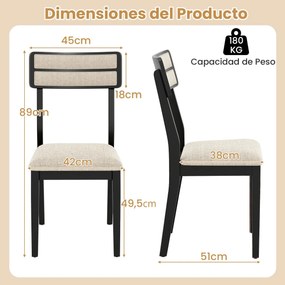Conjunto de 2 cadeiras de jantar com assento almofadado (MESA NÃO INCLUÍDA), encosto alto almofadado, almofadas antiderrapantes preto