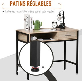 Secretária com arrumação de estilo industrial, secretária para computador com gaveta, estrutura em metal preta, tampo em madeira de carvalho claro