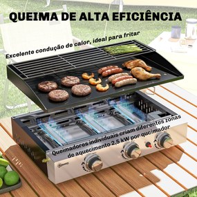 Grelhador a Gás com 3 Queimadores 7,5 kW Barbecue Portátil com Placa Grelha de Aquecimento e Recipiente de Gordura Preto