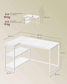 Secretária de canto 120 x 80 cm, em forma de L com prateleira regulável em altura,  branco