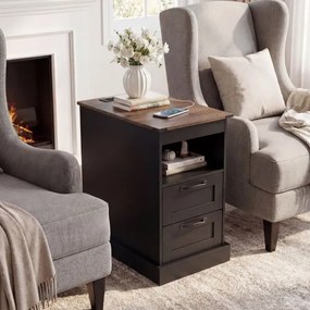 Conjunto de 2 mesas de cabeceira, mesas apoio rústicas com estação de carregamento e 2 gavetas Pretas e castanhas