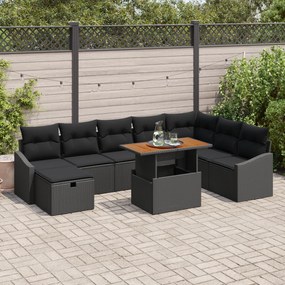 Conjunto de Sofá de Jardim de 9 Peças com Almofadas Preto Polirattan