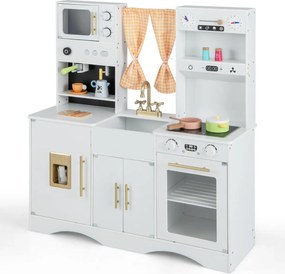 Cozinha de madeira para crianças de 3 anos com micro-ondas, máquina de café, máquina de gelo, lava-loiça, relógios, forno e acessórios Branca