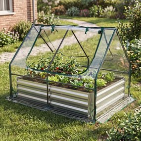Jardineira Elevada com Estufa, 127 x 97 x 93 cm, Base Aberta para Drenagem, Prateado