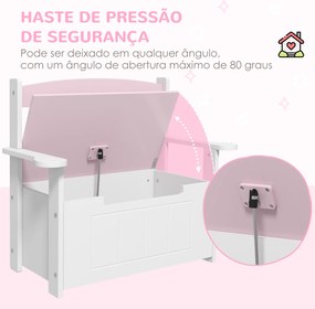 Baú de Brinquedos Infantil Banco de Armazenamento para Crianças com Encosto e Tampa Amortecida 68,5x34x58 cm Rosa e Branco