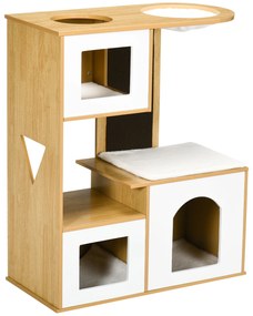 PawHut Casa para Gatos com 3 Casas de Madeira Almofadas Laváveis Placa de Arranhar e Rede 76x37x92,5cm Carvalho