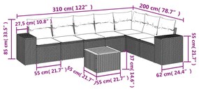 8 pcs conjunto sofás de jardim c/ almofadões vime PE cinzento