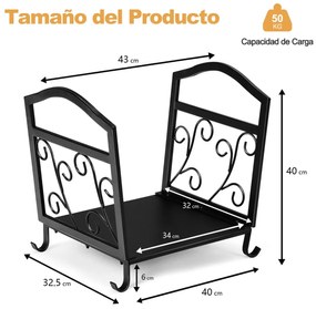 Suporte de metal para lenha com pernas elevadas para lareira 43 x 32,5 x 40 cm Preto