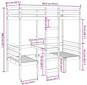 Cama alta com secretária e cadeiras 75x190 cm pinho maciço
