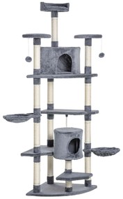 PawHut Árvore Arranhador para Gatos Grande 60x60x200cm com 2 Cavernas 2 Redes Cama Múltiplas Plataformas e Bolas de Brinquedo Cinza