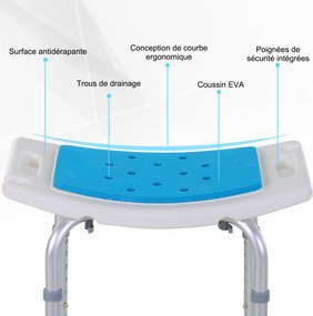 Assento de duche ajustável em altura, pés antiderrapantes, carga máxima de 135 kg, alumínio e HDPE, branco e azul