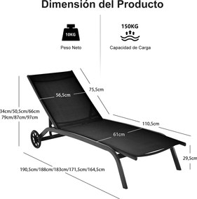 Conjunto de 2 espreguiçadeiras com rodas, tecido de secagem rápida e encosto reclinável em 6 posições, para exterior, piscina, pátio e jardim, Pretas