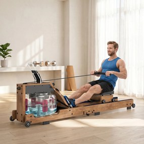 Máquina de Remo de Água Dobrável para Apartamento, 182 x 42 x 67 cm, Ligação Bluetooth, cor Carvalho