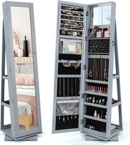 Espelho giratório 360° para joias com espelho de corpo inteiro Organizador de joias com espelho para maquilhagem 39 x 39 x 161 cm Cinzento