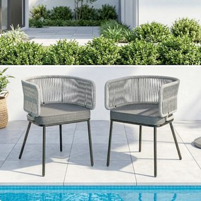 Conjunto de 2 cadeirões de jardim, encosto e braços em corda de resina trançada, almofadas removíveis, 46 x 58 x 72 cm, cinzento claro