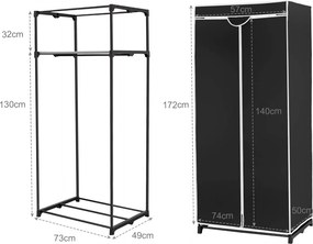Armario Guarda Roupa de tecido dobrável com fecho de correr Organizador de roupa têxtil com varão de suspensão 74 x 50 x 172 cm Preto