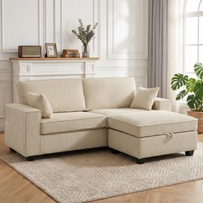 Sofá de 3 lugares 216x 151 x 94 cm com pufe com espaço de arrumação, sofá de canto em veludo canelado, assento largo, 2 almofadas, bege
