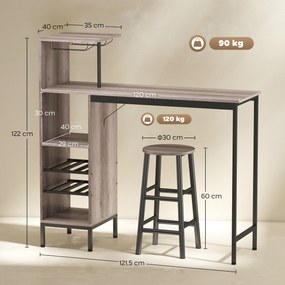 Conjunto de Mesa de Bar e 2 Bancos, 121,5 x 40 x 122 cm, Arrumação para Garrafas de Vinho, Castanho acinzento