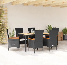 vidaXL 7 pcs conjunto de jantar p/ jardim c/ almofadões vime PE preto
