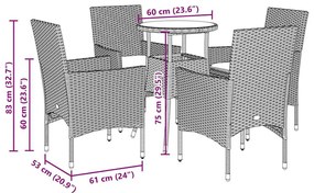 5 pcs conjunto jantar jardim c/ almofadões vime PE/acácia cinza