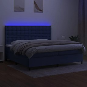 Cama box spring c/ colchão e LED 200x200 cm tecido azul