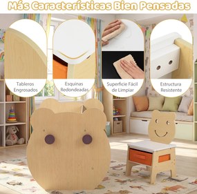 Mesa e cadeira infantil 3 em 1 com tema de urso, secretária infantil com quadro de giz de dupla face, estante, ganchos e gaveta, para crianças dos 3 a