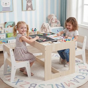 Conjunto Mesa multifuncional infantil com 2 cadeiras e tampo duplo com quadro negro e compartimentos removíveis natural e branco