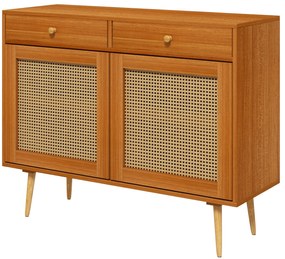 Aparador de Madeira com 2 Gavetas Prateleiras Ajustáveis e 2 Portas de Vime Armário de Armazenamento Estilo Cannage 100x35x78,5 cm Castanho