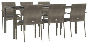 7 pcs conjunto de jantar p/ jardim c/ almofadões vime PE cinza