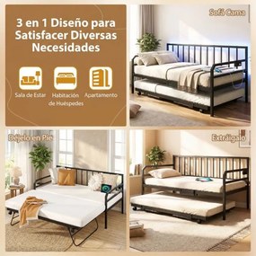 Sofá-cama individual com luzes LED205 x 90 x 96,5 cm (COLCHÕES NÃO INCLUIDOS), base metálica e cama extra extraível, estação de carregamento integrada
