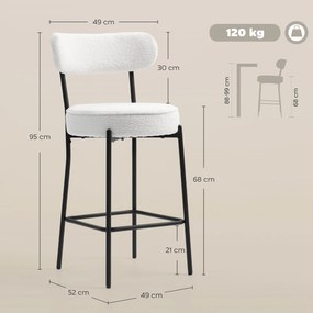 Conjunto de 2 bancos de bar em tecido felpudo, bancos de bar com encosto curvo e apoio para os pés, 49 x 52 x 95 cm, creme